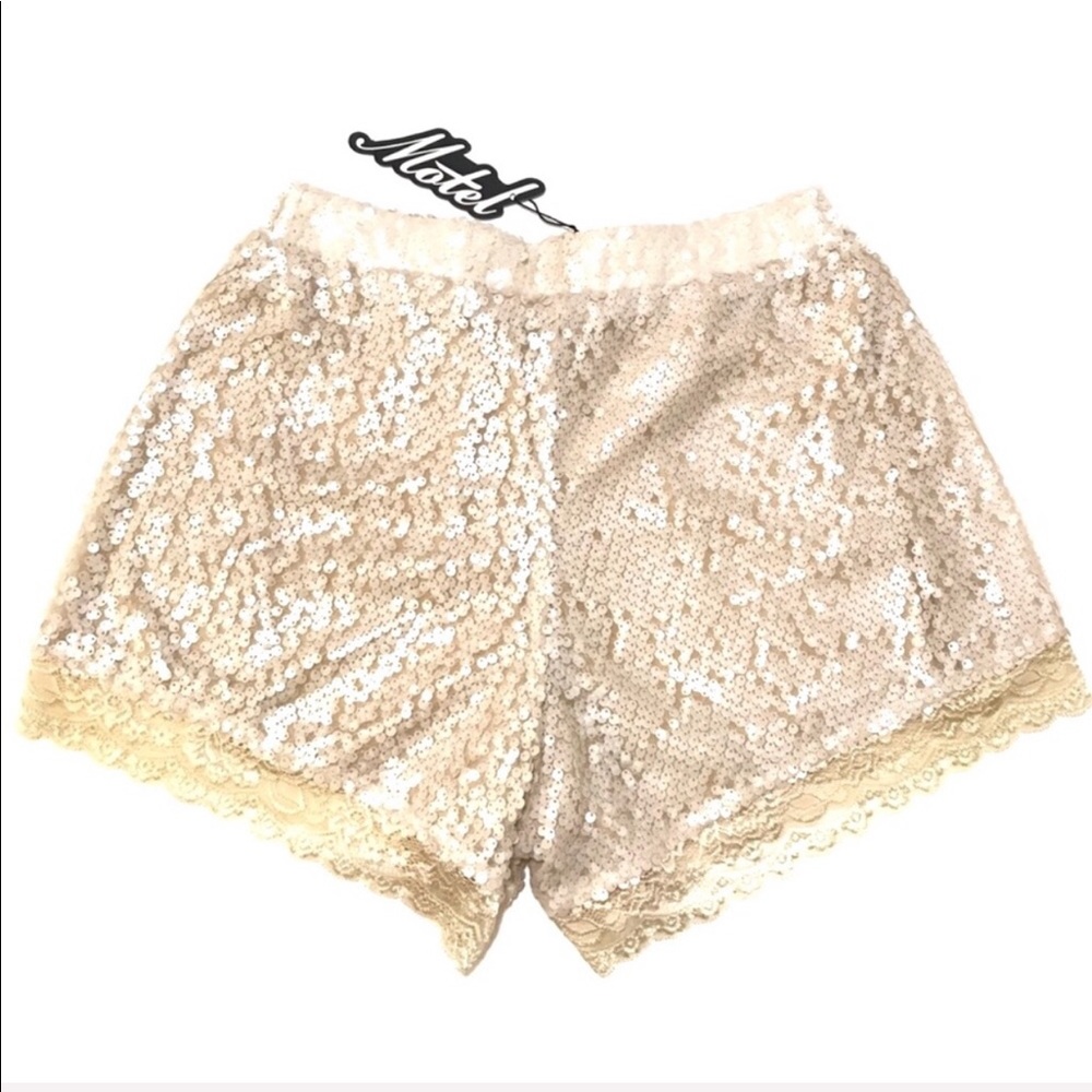 Motel Lola Ivory Sequin Silky Lace Hem Shorts